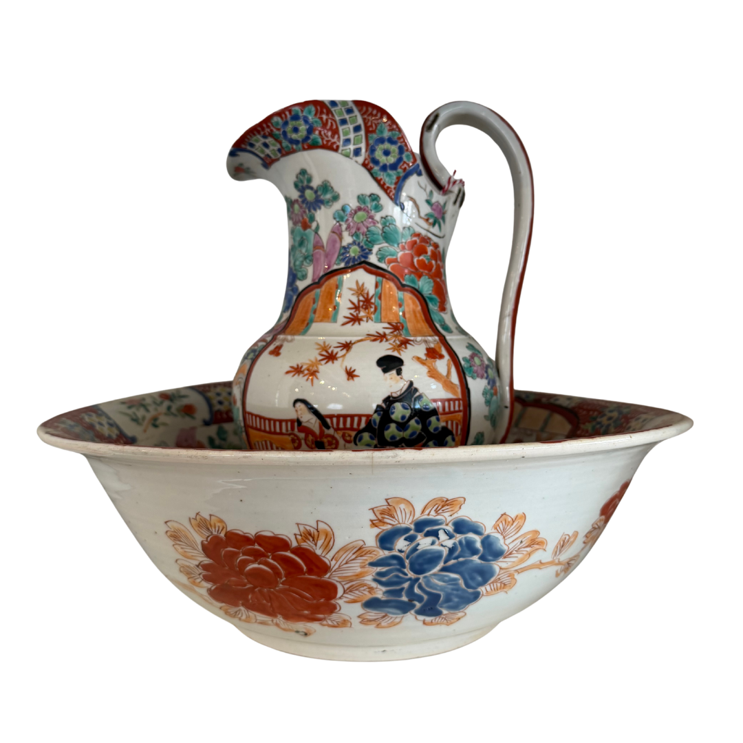 Large chinoiserie pitcher and footbath