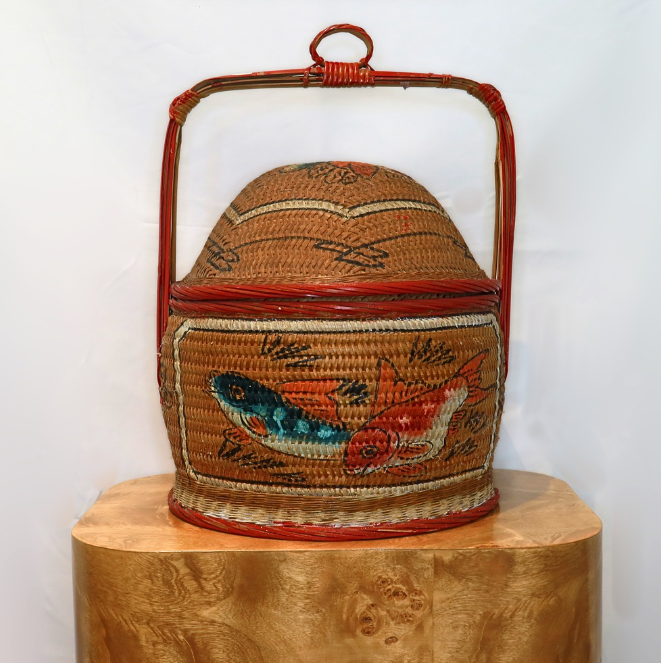 Painted Ratten Basket with Red Handle