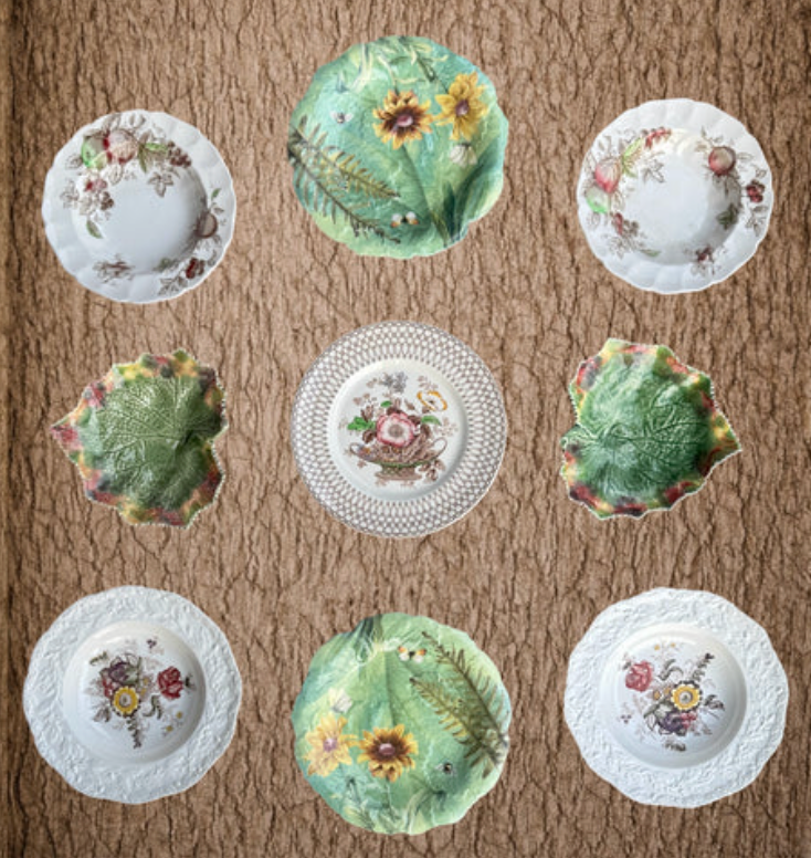 VIntage Instant Platewall - Brown Transferware & Green Majolica Leaf Plates Set of 9 Mix n Match