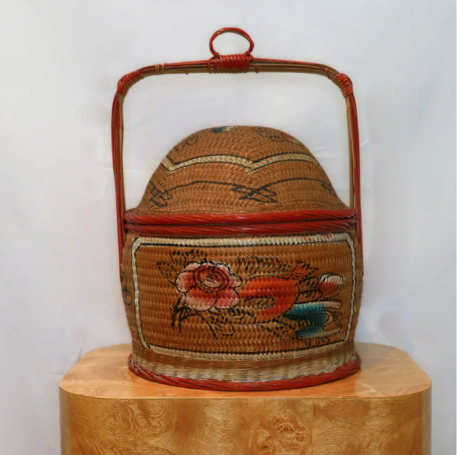 Painted Ratten Basket with Red Handle